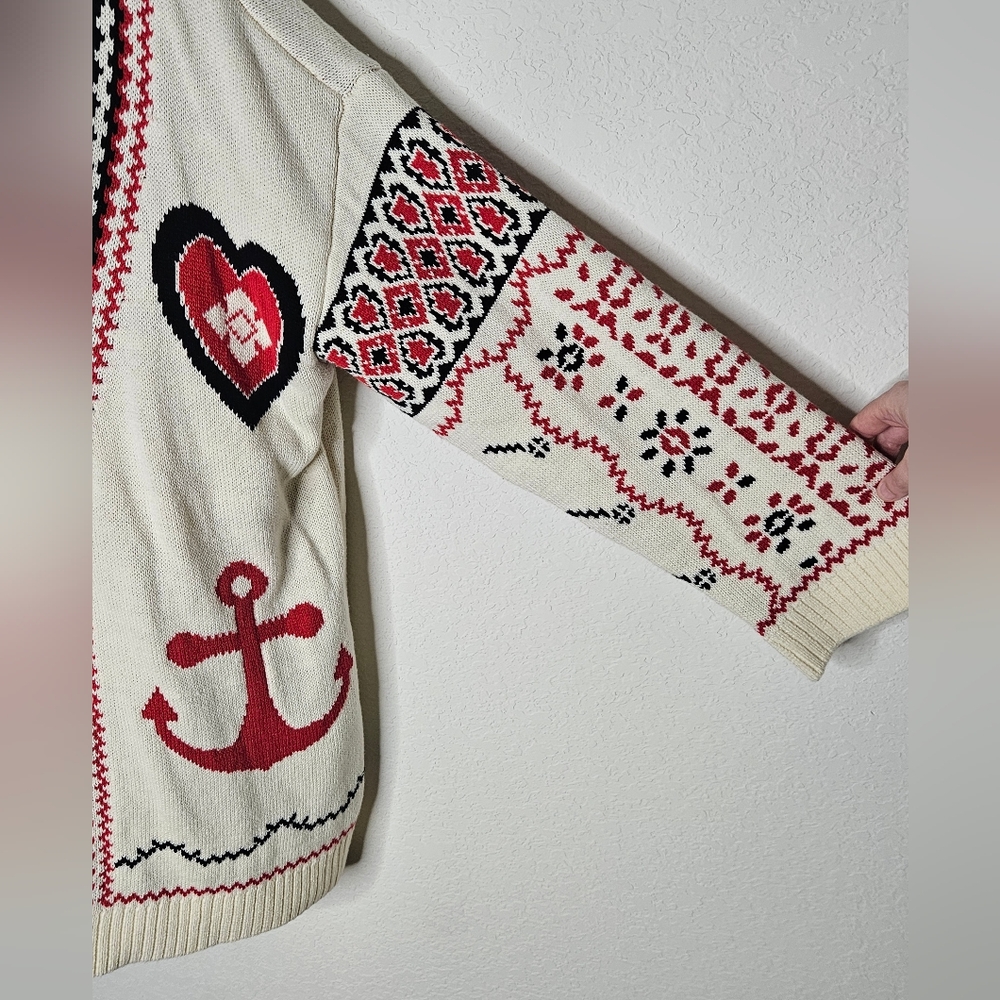 Anthropologie Chunky Knit Cream Nautical Anchor Button Front Cardigan Sweater L - Picture 6 of 13